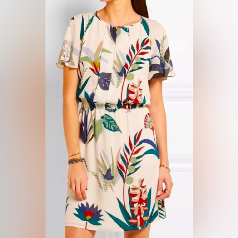 Tory Burch Anatolie Botanical Print Short Sleeve Silk Dress Size 2